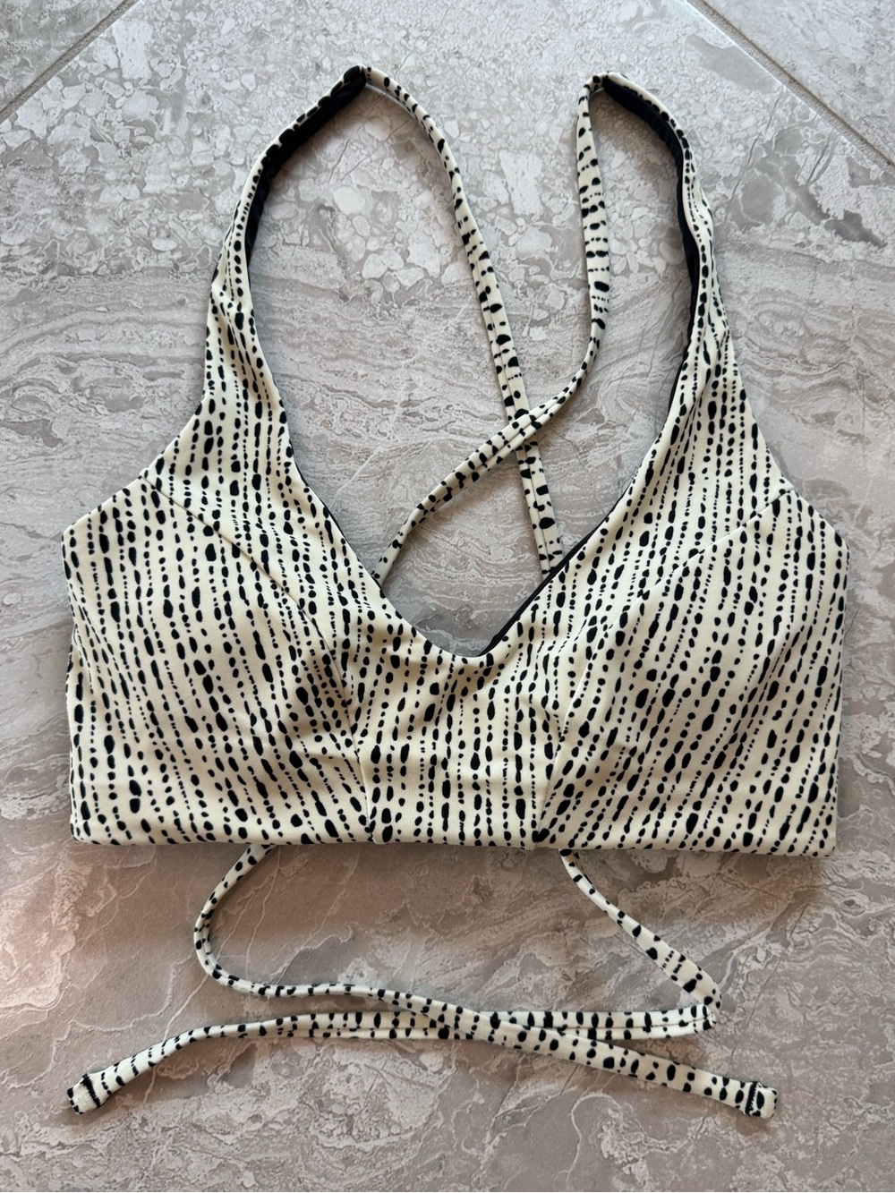 Athleta Cream and Black Speckled Cross-Back Bikini Top, size XXS D